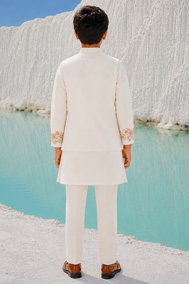 Ivory Modal Silk Floral Embroidered Bundi Jacket Set For Boys by Amrit Dawani Kids at Pernia's Pop Up Shop