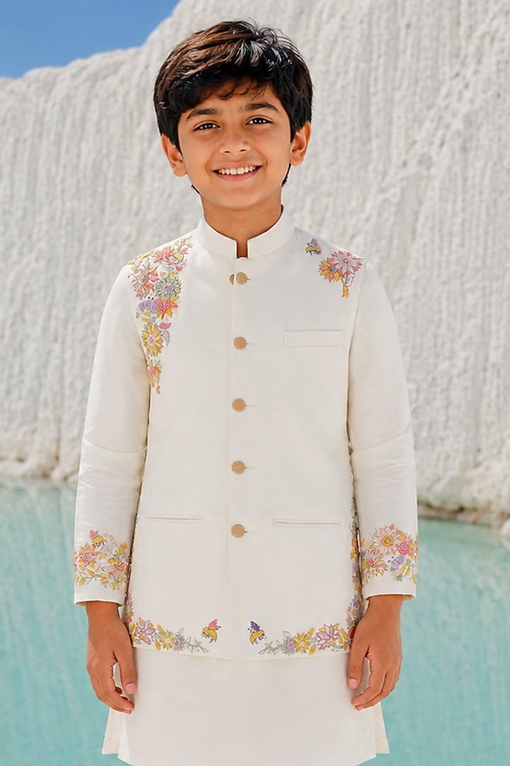 Ivory Modal Silk Floral Embroidered Bundi Jacket Set For Boys by Amrit Dawani Kids at Pernia's Pop Up Shop