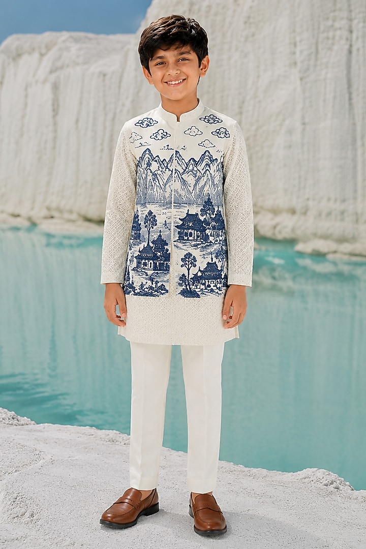 Indigo Georgette Organza Hand Embroidered Bundi Jacket Set For Boys by Amrit Dawani Kids at Pernia's Pop Up Shop