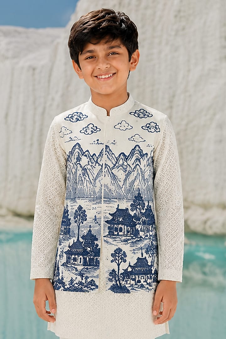 Indigo Georgette Organza Hand Embroidered Bundi Jacket Set For Boys by Amrit Dawani Kids at Pernia's Pop Up Shop