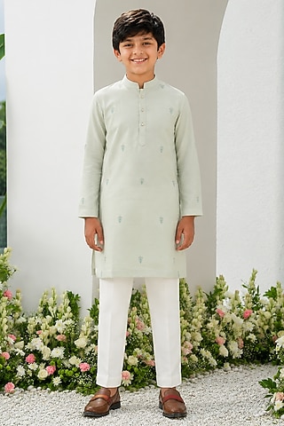 Mint Green Cotton Silk Embroidered Kurta Set For Boys by Amrit Dawani Kids