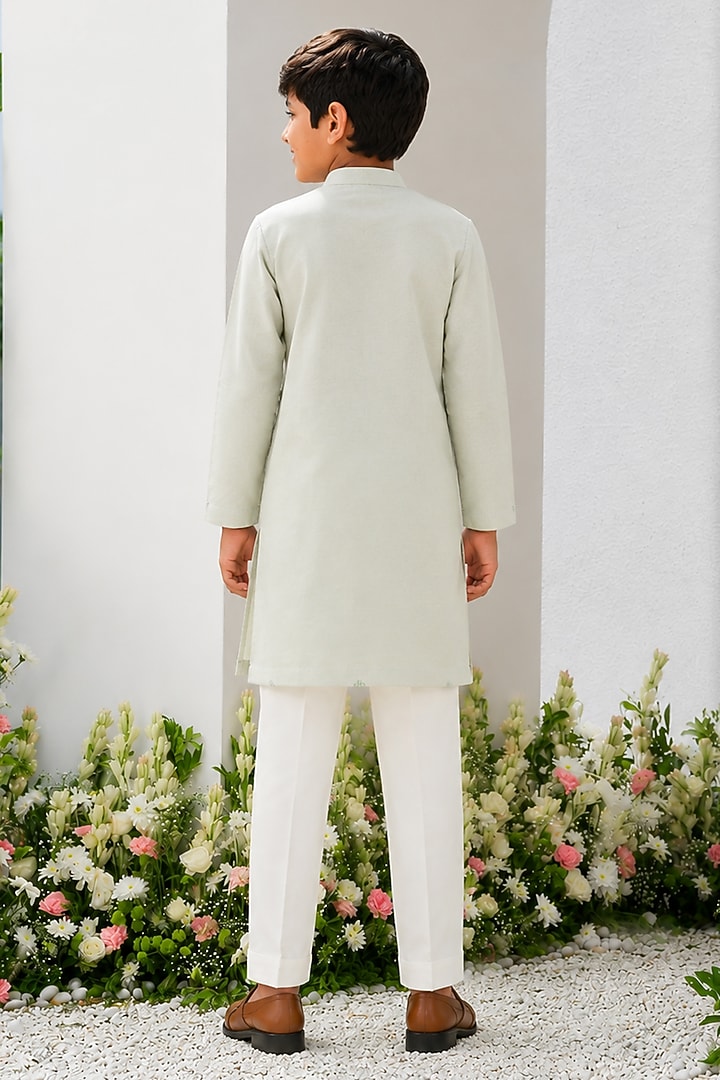 Mint Green Cotton Silk Embroidered Kurta Set For Boys by Amrit Dawani Kids at Pernia's Pop Up Shop