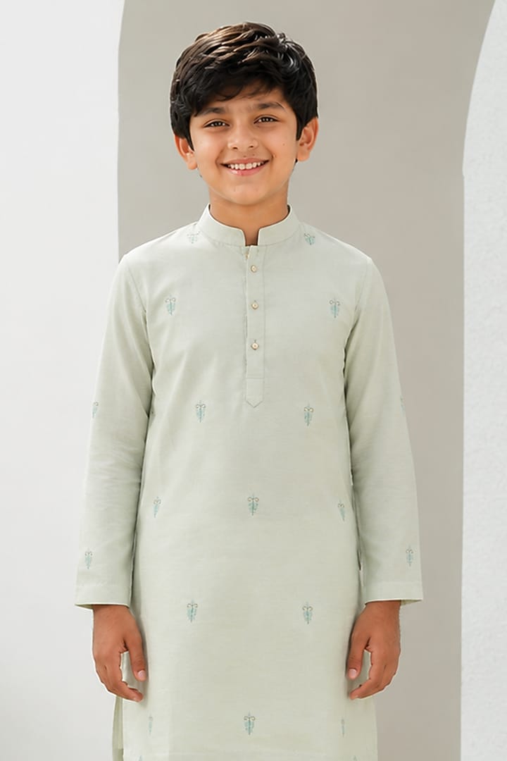 Mint Green Cotton Silk Embroidered Kurta Set For Boys by Amrit Dawani Kids at Pernia's Pop Up Shop