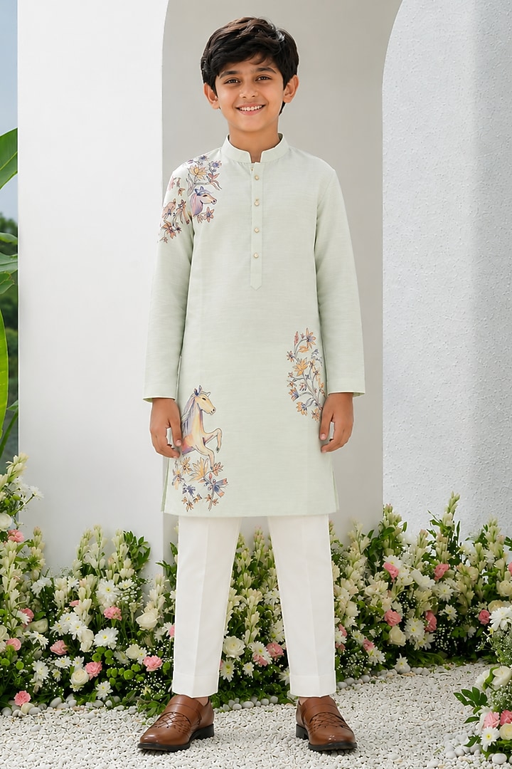 Mint Green Cotton Silk Blend Hand Painted Kurta Set For Boys by Amrit Dawani Kids at Pernia's Pop Up Shop