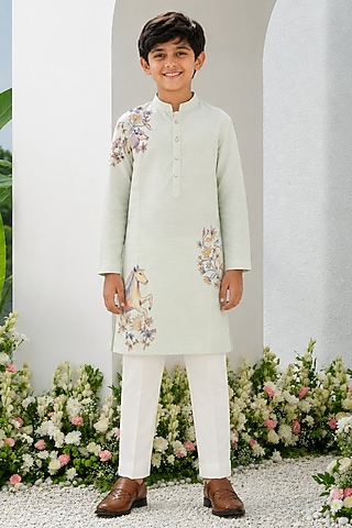 Mint Green Cotton Silk Blend Hand Painted Kurta Set For Boys by Amrit Dawani Kids