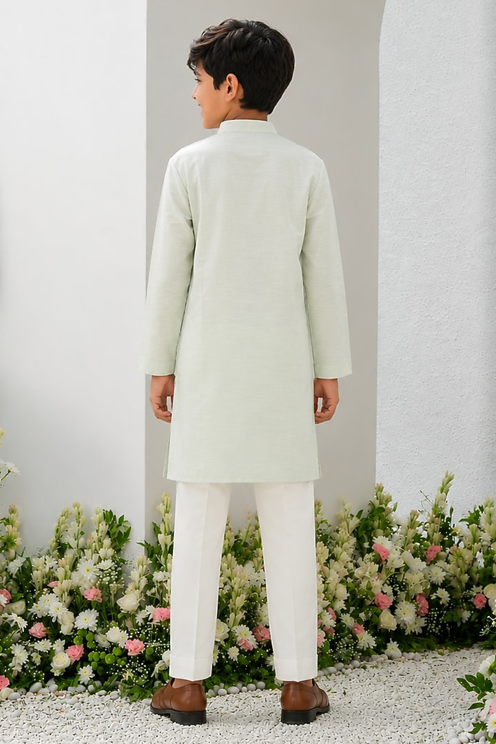 Mint Green Cotton Silk Blend Hand Painted Kurta Set For Boys by Amrit Dawani Kids at Pernia's Pop Up Shop