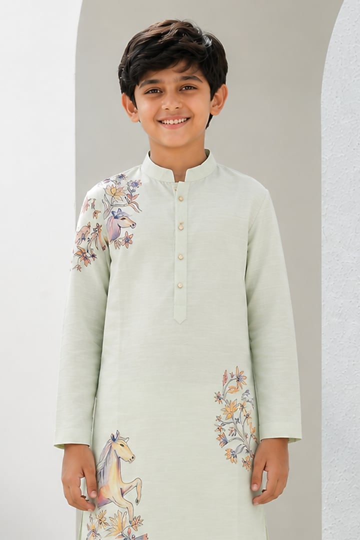 Mint Green Cotton Silk Blend Hand Painted Kurta Set For Boys by Amrit Dawani Kids at Pernia's Pop Up Shop