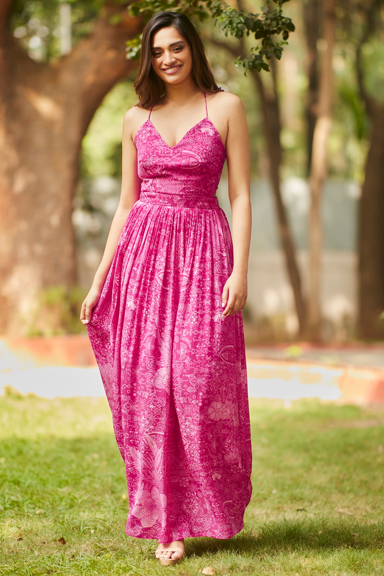 Shop Rani Pink Silk Printed Gown Online at Best Price | Cbazaar