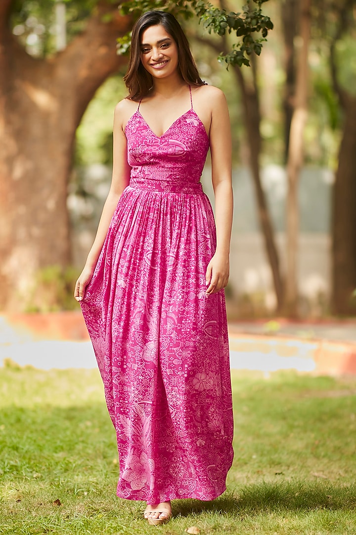 Rani Pink Viscose Natural Crepe Strappy Maxi Dress by ANKITA DHARMAN