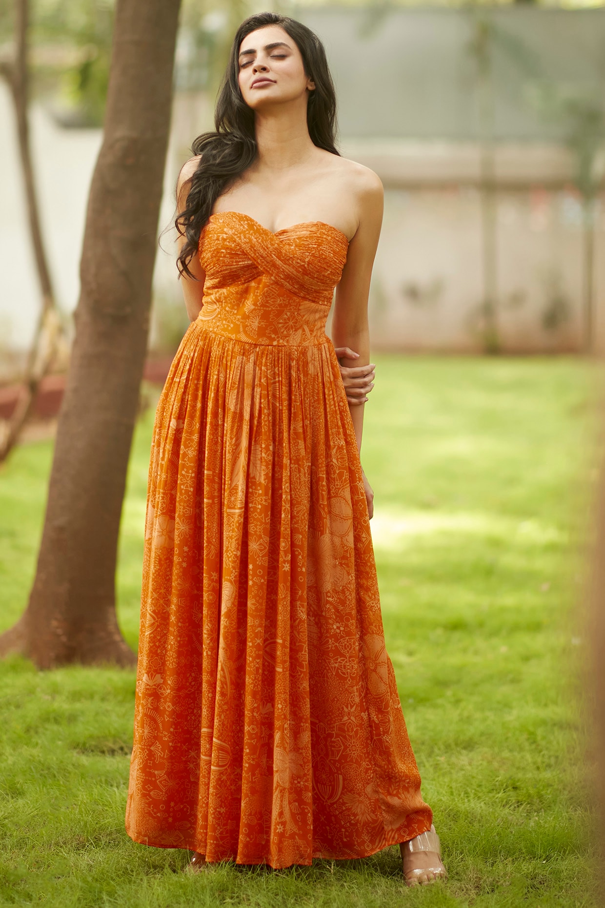 Orange pleated best sale maxi dress