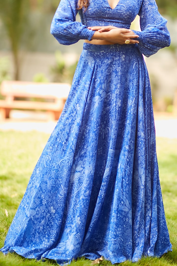 MIdnight Blue Viscose Natural Crepe Printed Lehenga Set by ANKITA DHARMAN at Pernia's Pop Up Shop