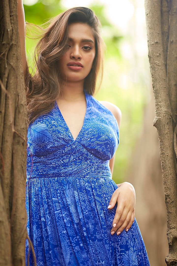 MIdnight Blue Viscose Natural Crepe Halter Maxi Summer Dress by ANKITA DHARMAN at Pernia's Pop Up Shop