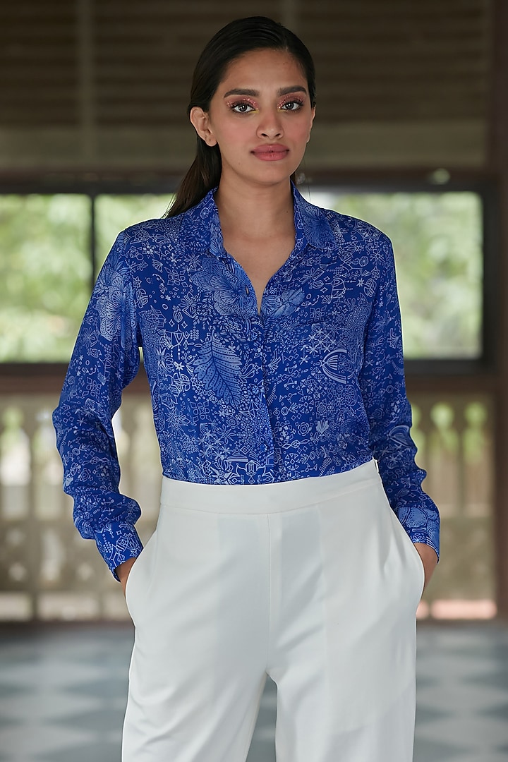 Ink Blue Viscose Natural Crepe Button-Down Shirt  by ANKITA DHARMAN at Pernia's Pop Up Shop