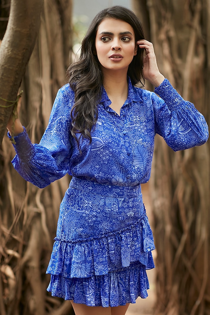 MIdnight Blue Viscose Natural Crepe Asymmetrical Layered Mini Skirt Set by ANKITA DHARMAN at Pernia's Pop Up Shop