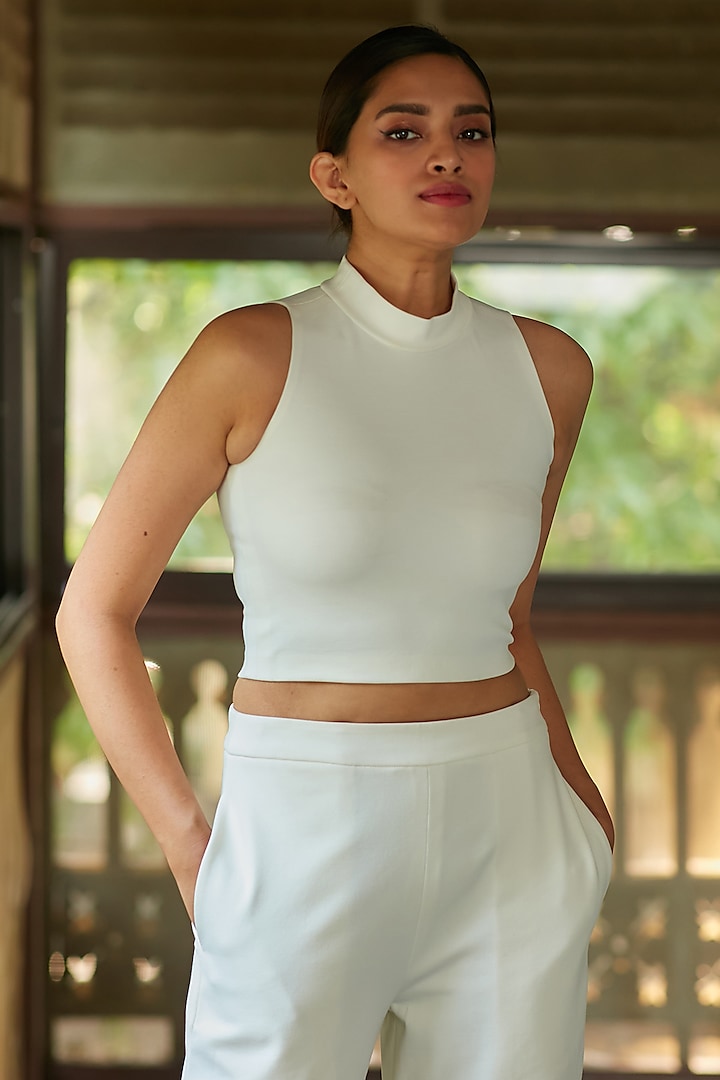 White Arctic Twill Turtle-Neck Cropped Top by ANKITA DHARMAN