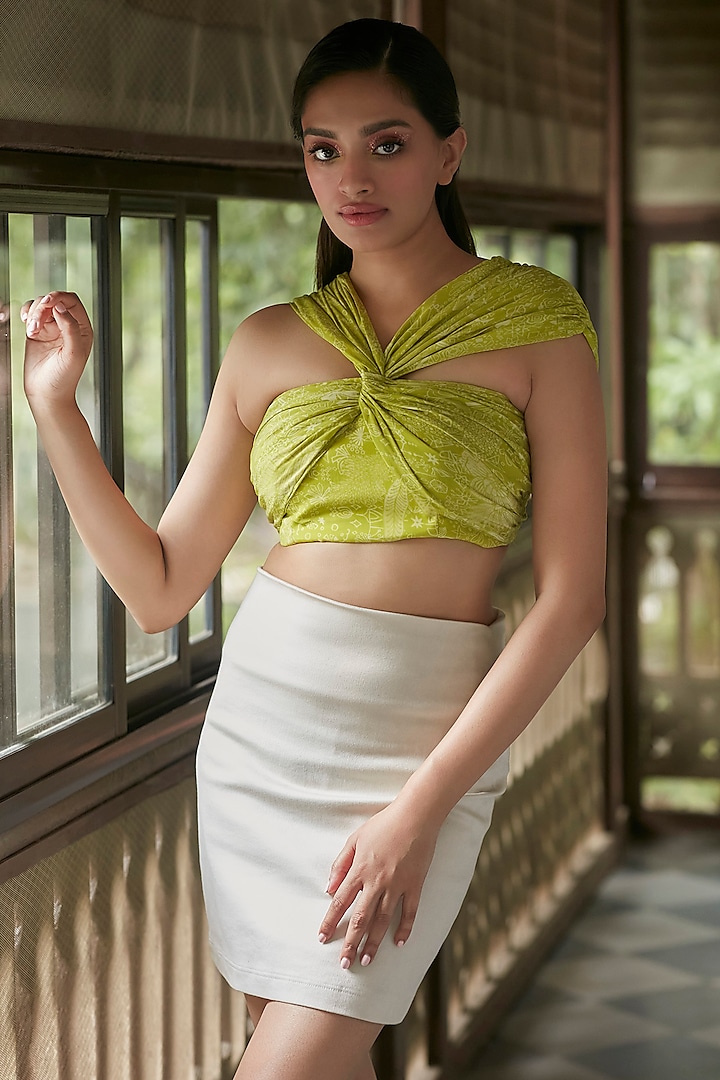 Lime Viscose Natural Crepe Twisted Cropped Top by ANKITA DHARMAN
