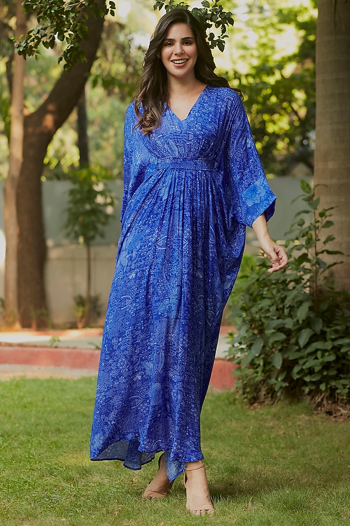 Midnight Blue Viscose Natural Crepe Pleated Kaftan by ANKITA DHARMAN