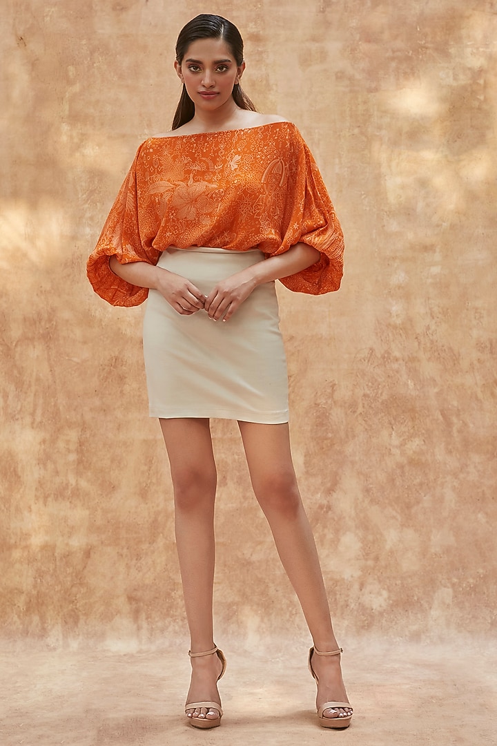 Orange Viscose Natural Crepe Floral & Geometric Printed Off-Shoulder Top by ANKITA DHARMAN at Pernia's Pop Up Shop