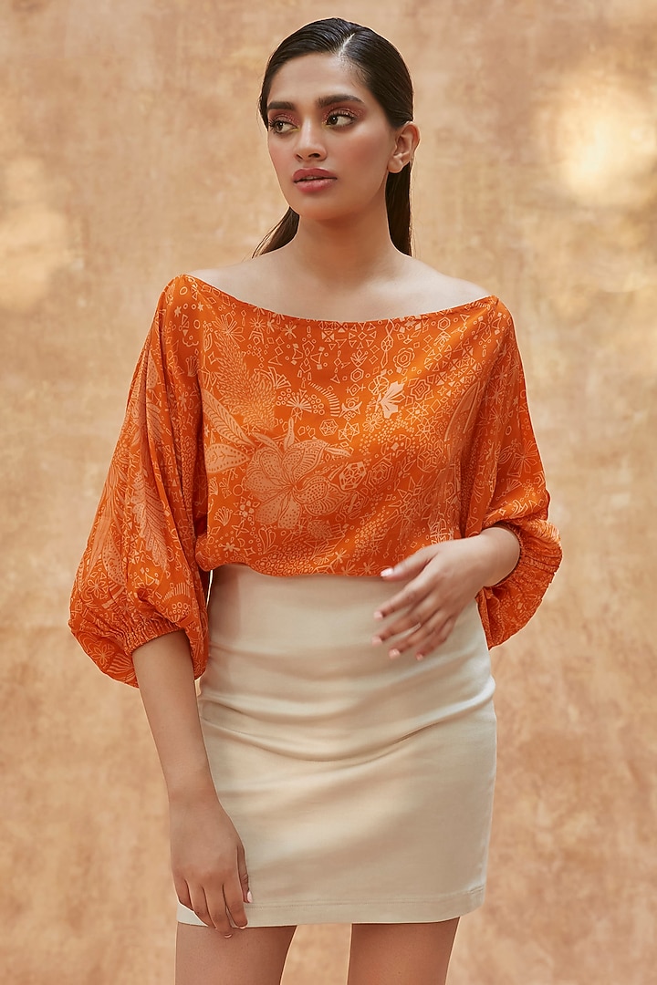 Orange Viscose Natural Crepe Floral & Geometric Printed Off-Shoulder Top by ANKITA DHARMAN at Pernia's Pop Up Shop