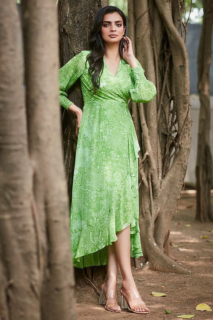 Green Viscose Natural Crepe Ruffed Midi Summer Dress by ANKITA DHARMAN at Pernia's Pop Up Shop