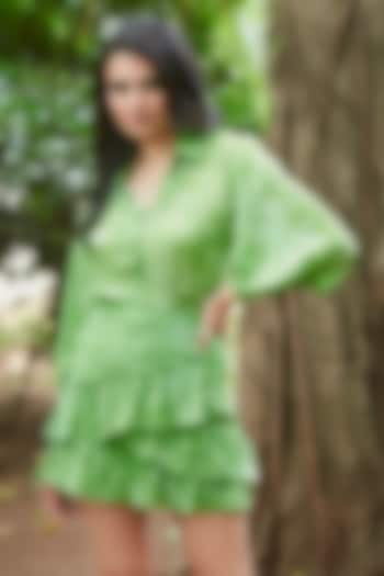 Green Viscose Natural Crepe Asymmetrical Layered Mini Skirt Set by ANKITA DHARMAN at Pernia's Pop Up Shop