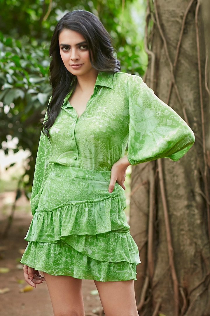 Green Viscose Natural Crepe Asymmetrical Layered Mini Skirt Set by ANKITA DHARMAN at Pernia's Pop Up Shop