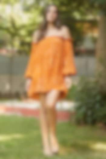 Orange Viscose Natural Crepe Printed Off-Shoulder Mini Dress by ANKITA DHARMAN