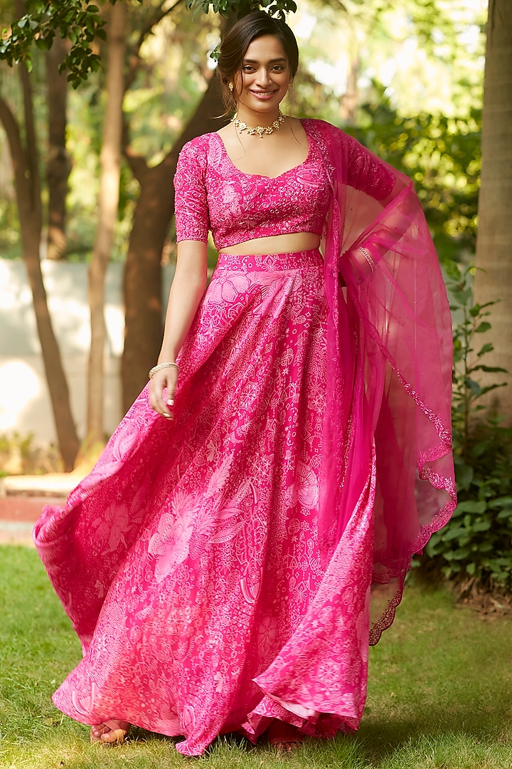 Rani Pink Natural Silk Crepe Printed Lehenga Set by ANKITA DHARMAN at Pernia's Pop Up Shop