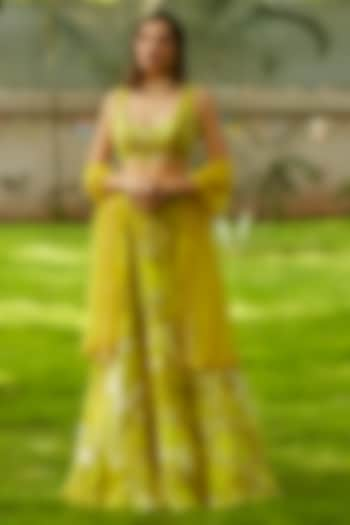 Yellow Natural Silk Crepe Floral Printed Wedding Lehenga Set by ANKITA DHARMAN at Pernia's Pop Up Shop