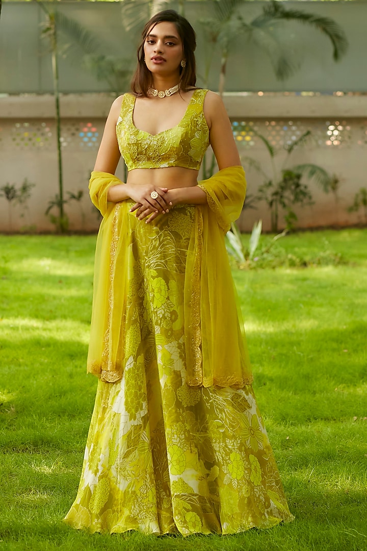 Yellow Natural Silk Crepe Floral Printed Wedding Lehenga Set by ANKITA DHARMAN at Pernia's Pop Up Shop