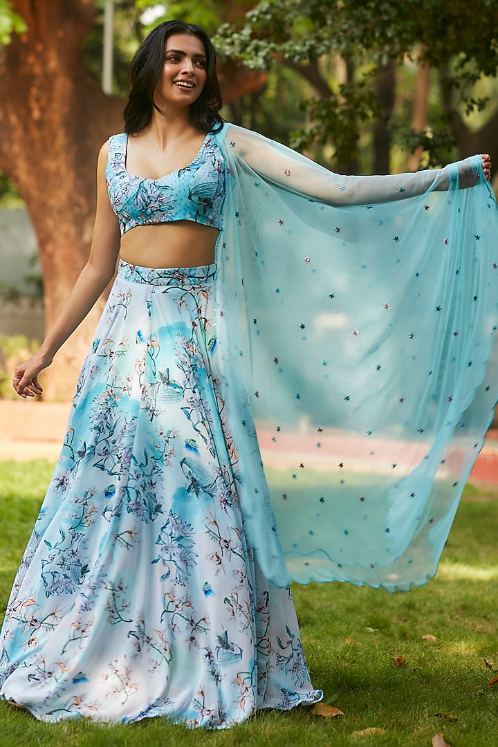 Blue Viscose Georgette Printed Wedding Lehenga Set by ANKITA DHARMAN at Pernia's Pop Up Shop