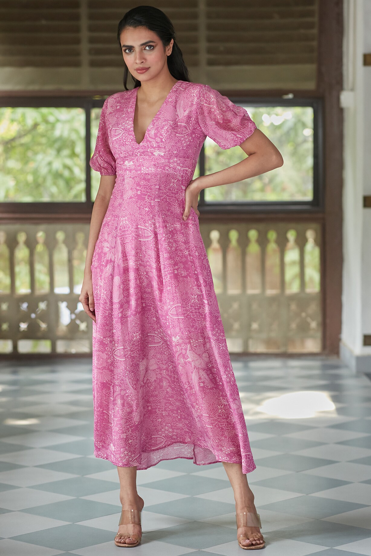 Pink Viscose Georgette Printed Plunge Midi Summer Dress by ANKITA DHARMAN  at Pernia's Pop Up Shop
