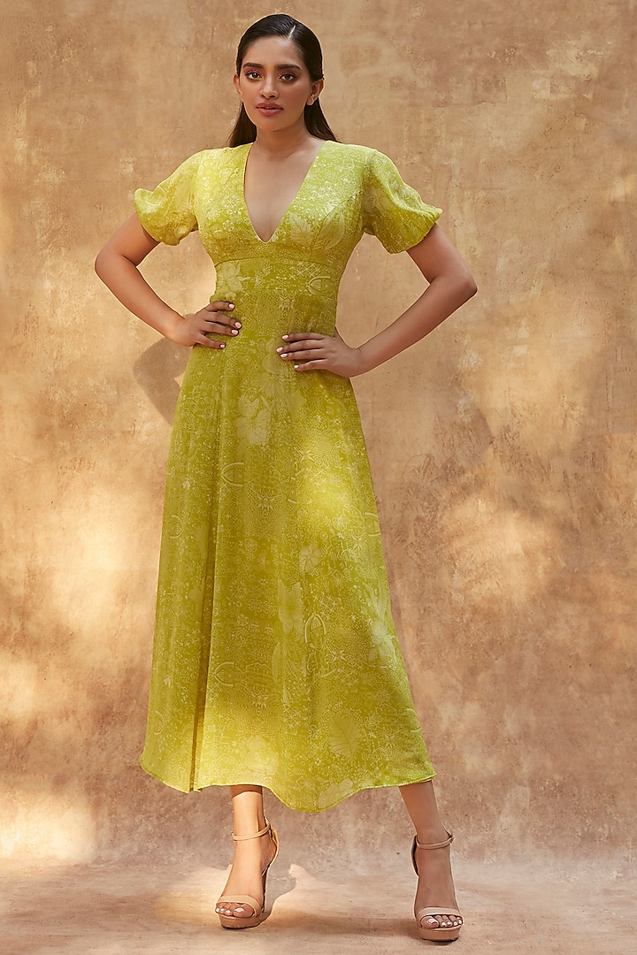 Lime Natural Crepe Printed Plunge Midi Dress by ANKITA DHARMAN at Pernia's Pop Up Shop