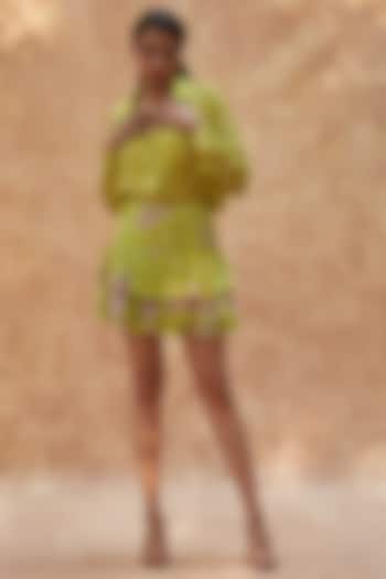 Lime Viscose Natural Crepe Printed Ruffled Skirt Set by ANKITA DHARMAN
