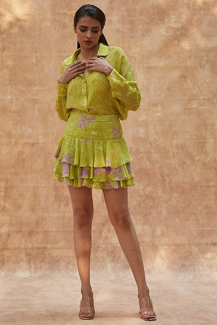 Lime Viscose Natural Crepe Printed Ruffled Skirt Set by ANKITA DHARMAN