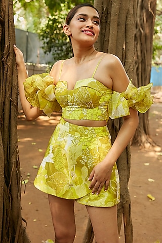 Yellow Viscose Organza & Poly Crepe Printed Ruffled Top by ANKITA DHARMAN