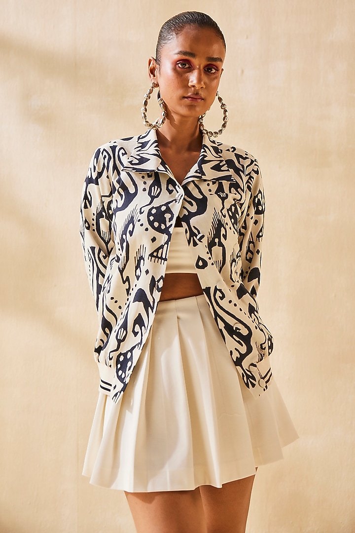 Charcoal Black & Ivory Flax Linen Bomber Jacket by ANKITA DHARMAN at Pernia's Pop Up Shop