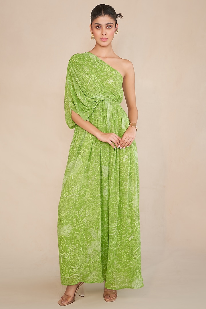 Green Georgette One-Shoulder Maxi Dress by ANKITA DHARMAN at Pernia's Pop Up Shop