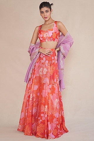 Tangerine & Red Silk Organza Lehenga Set by ANKITA DHARMAN