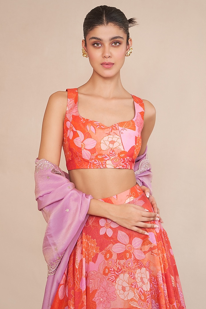 Tangerine & Red Silk Organza Lehenga Set by ANKITA DHARMAN at Pernia's Pop Up Shop