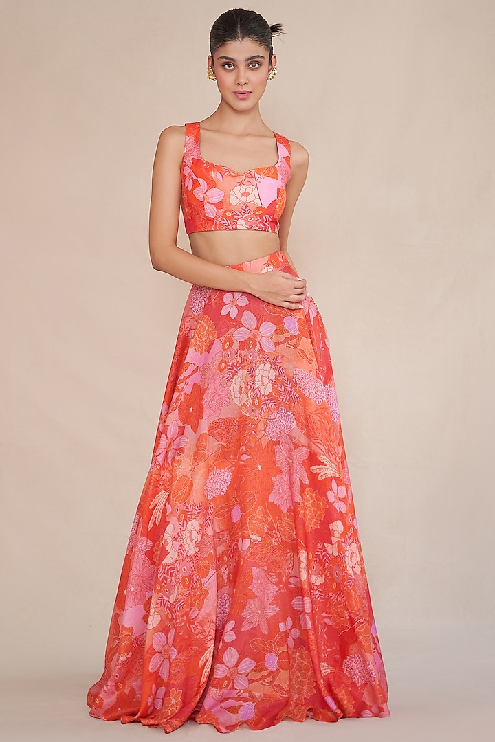 Tangerine & Red Silk Organza Lehenga Set by ANKITA DHARMAN at Pernia's Pop Up Shop