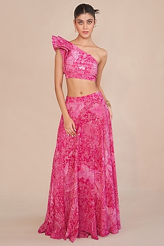 Pink Natural Crepe Flared Lehenga Set by ANKITA DHARMAN
