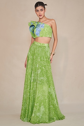 Green Natural Crepe Flared Lehenga Set by ANKITA DHARMAN
