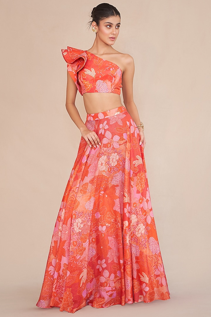 Tangerine & Red Lurex Flared Lehenga Set by ANKITA DHARMAN at Pernia's Pop Up Shop