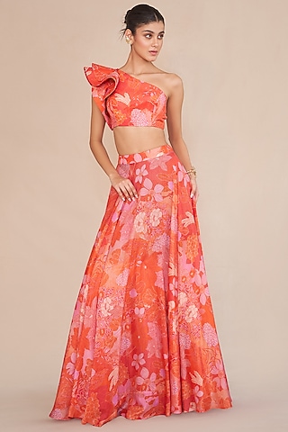 Tangerine & Red Lurex Flared Lehenga Set by ANKITA DHARMAN