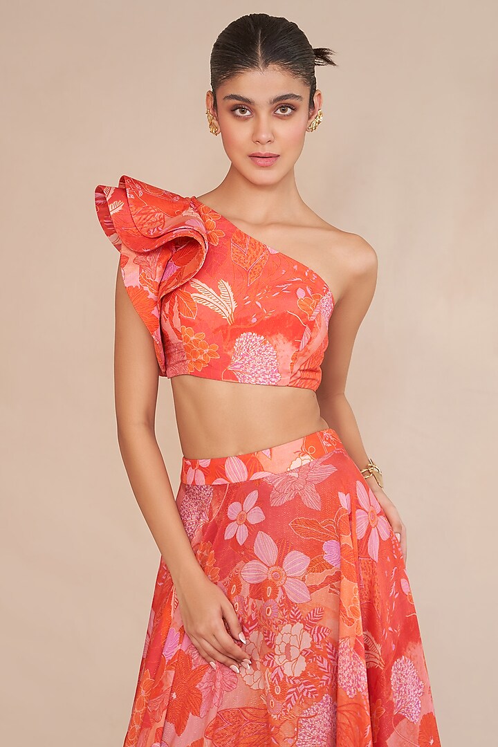 Tangerine & Red Lurex Flared Lehenga Set by ANKITA DHARMAN at Pernia's Pop Up Shop
