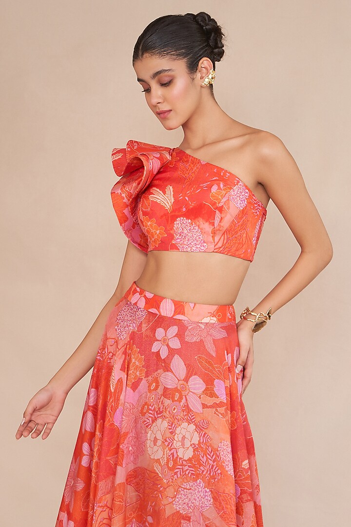 Tangerine & Red Lurex Flared Lehenga Set by ANKITA DHARMAN at Pernia's Pop Up Shop