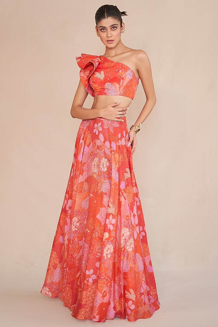 Tangerine & Red Lurex Flared Lehenga Set by ANKITA DHARMAN at Pernia's Pop Up Shop