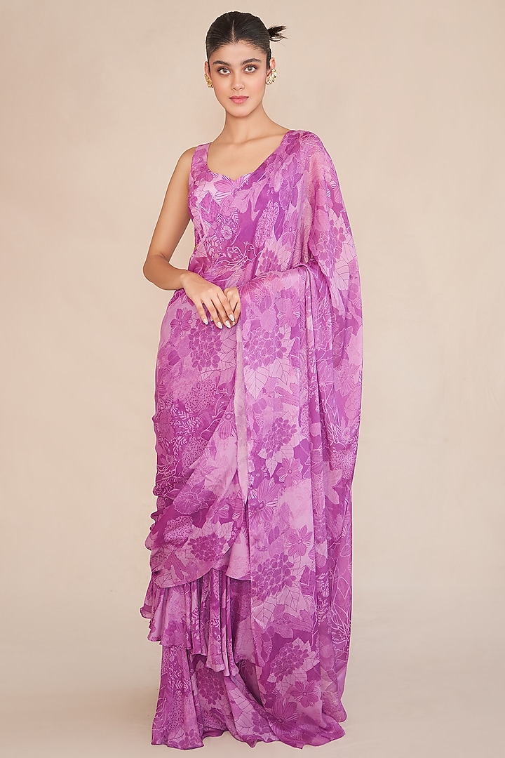 Blush Chinon Pre-Draped Saree Set by ANKITA DHARMAN at Pernia's Pop Up Shop