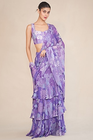 Lilac Chinon Pre-Draped Saree Set by ANKITA DHARMAN